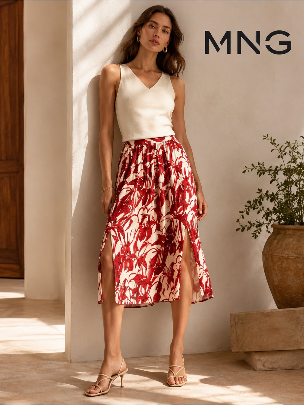 MNG Mango Suit Collection Size 2 Red Cream Floral Double Slit Midi Skirt
